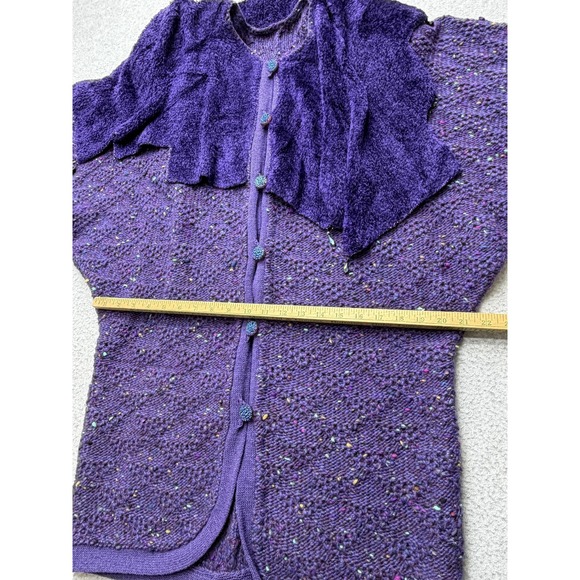 Vintage Purple‎ Tweed Knit Sweater Womens Large Beaded Dolman Cardigan Cape 80s - Picture 11 of 16